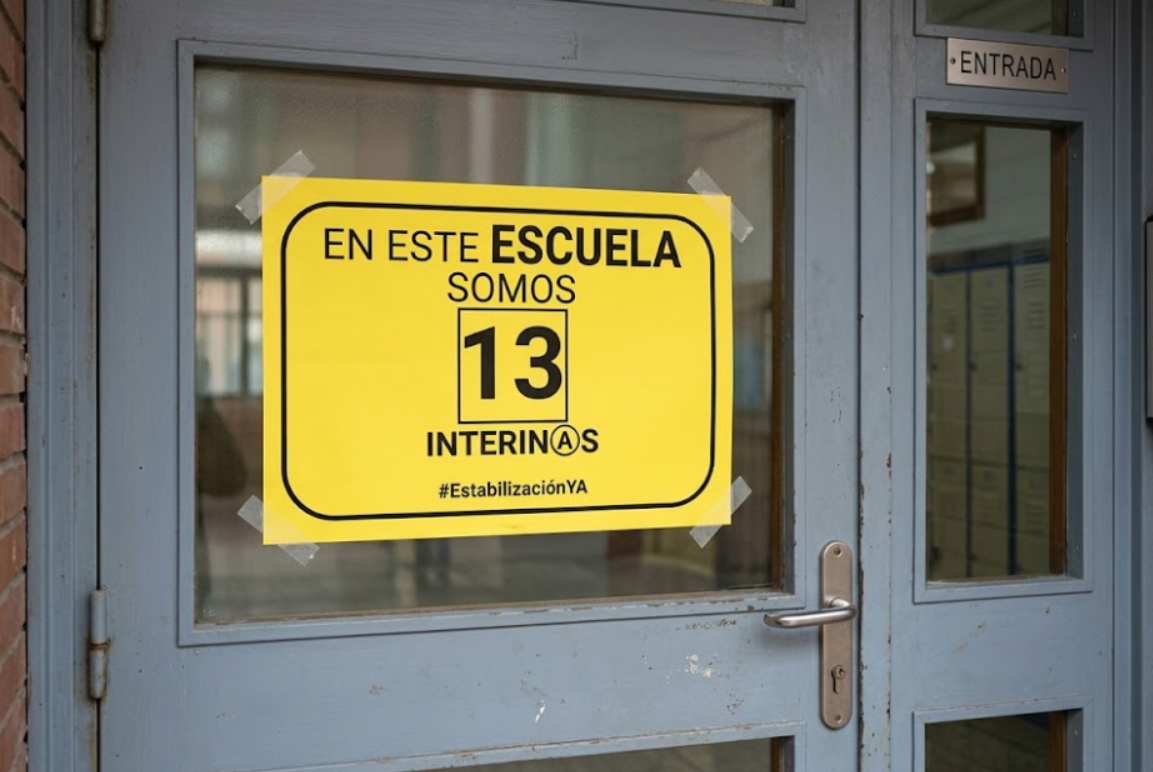 Cartel EstabilizaciónYA con 23 interinas pegado en la entrada de una escuela