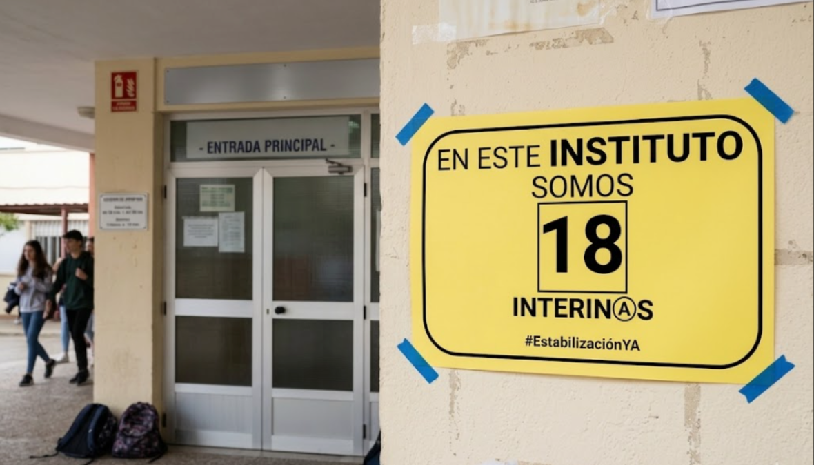 Cartel EstabilizaciónYA con 18 interinas pegado en la entrada de un instituto